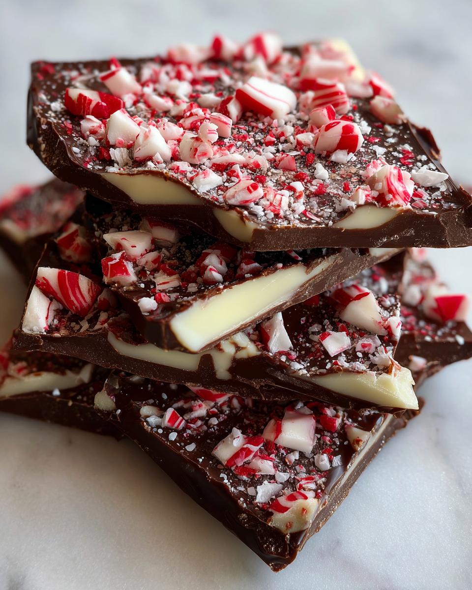 Close-up of stacked pieces of dark and white chocolate peppermint bark topped with crushed candy canes.
