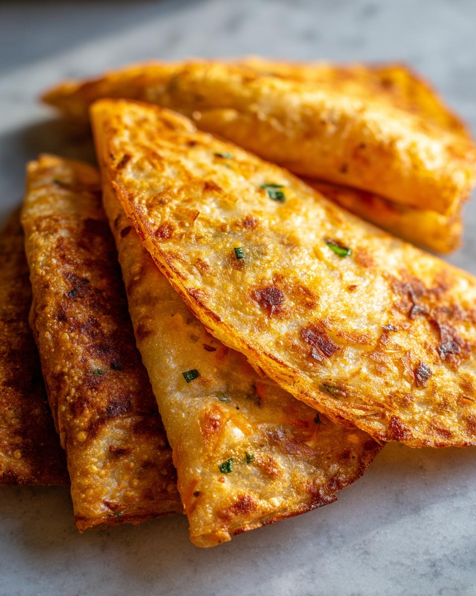 Close-up of golden brown, crispy air fryer rice paper dumplings with visible green herbs.