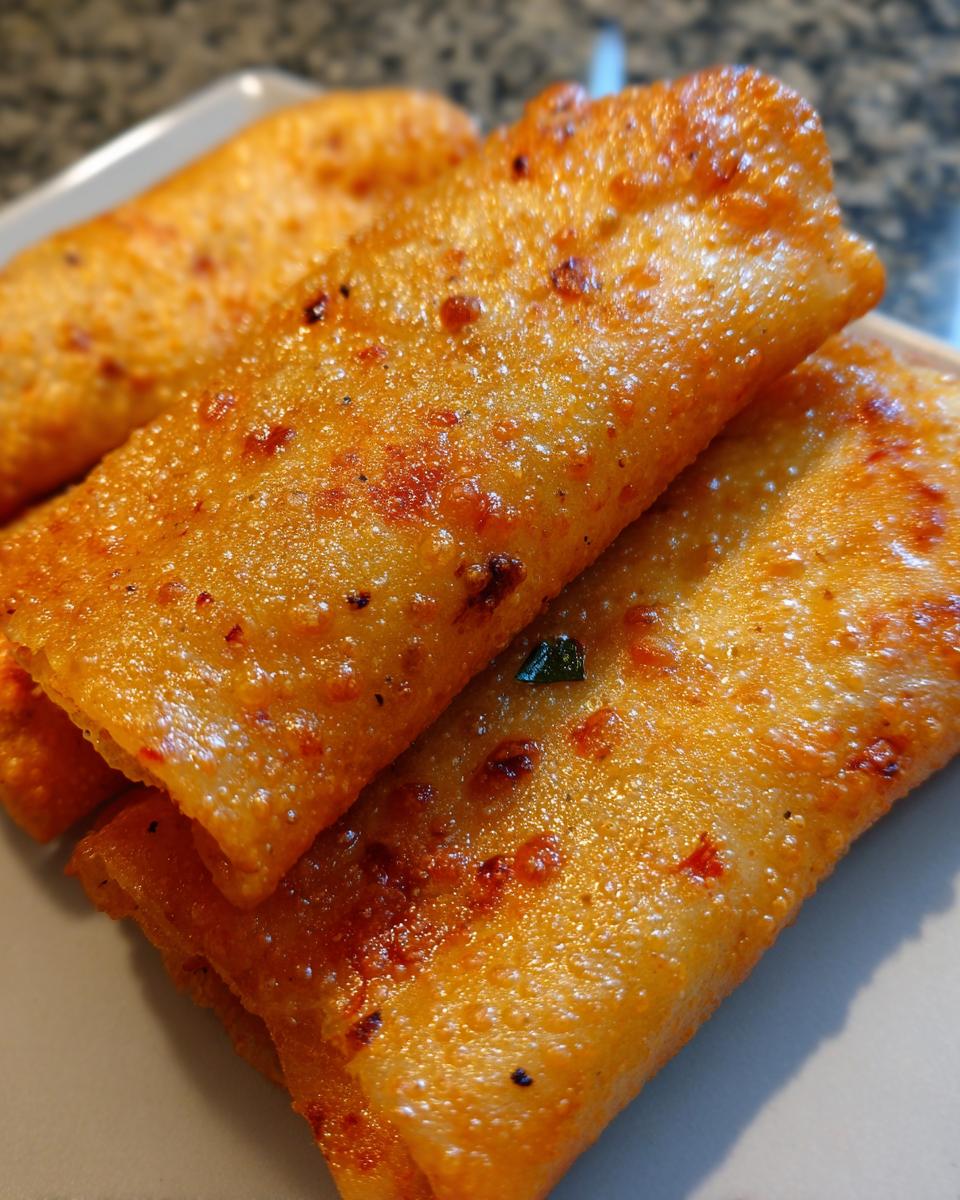 Close-up of golden brown, crispy air fryer rice paper dumplings stacked on a plate.
