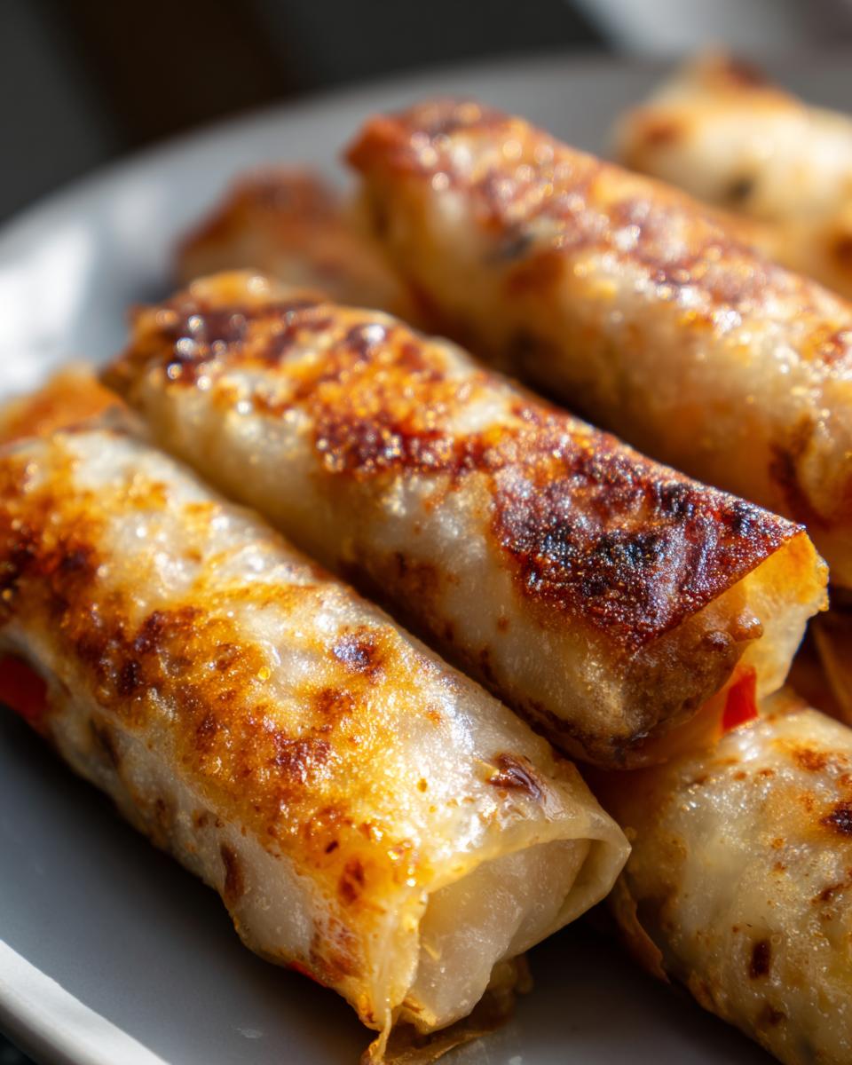 Close-up of golden-brown and crispy air fryer rice paper dumplings on a plate.