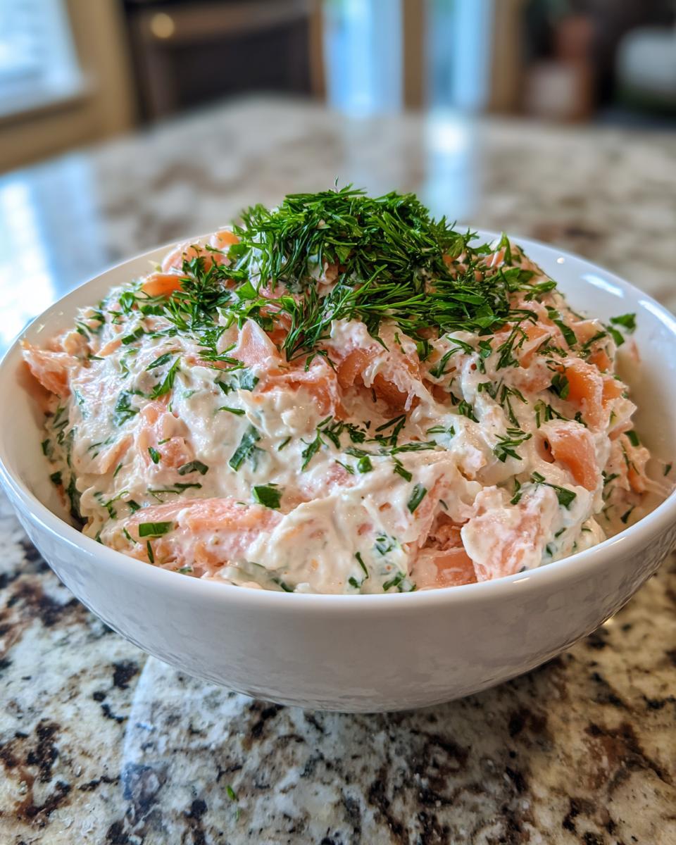 A white bowl filled with creamy, chunky salmon dip topped generously with fresh dill.