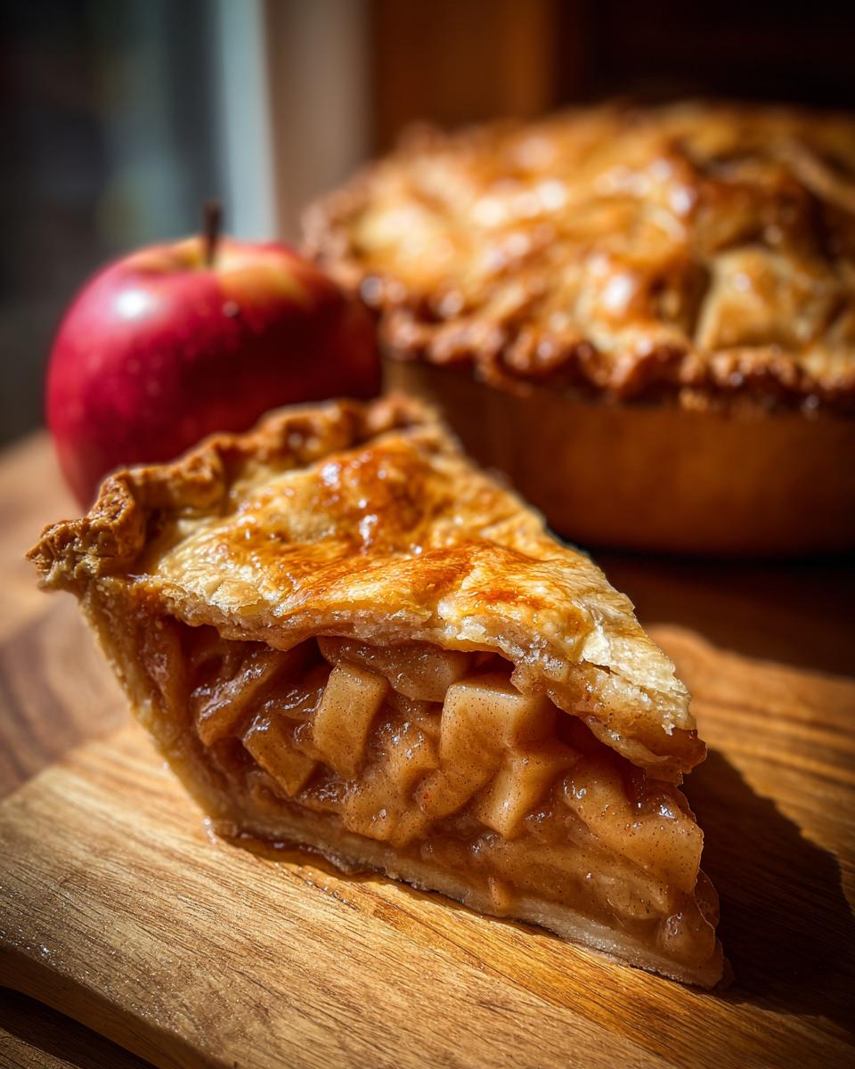 A close-up of a slice of delicious apple pie, showing the flaky crust and cinnamon-spiced apple filling.