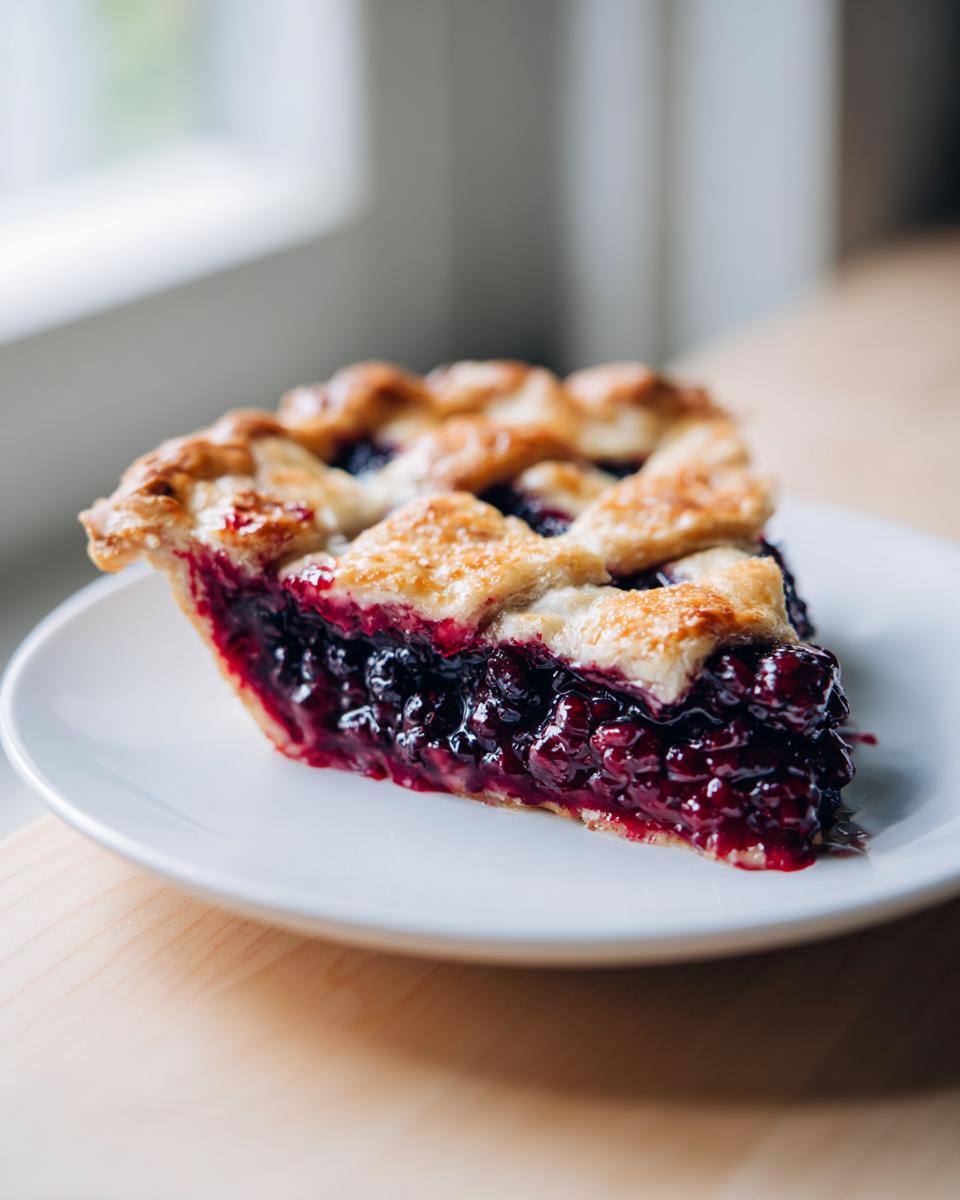 A close-up slice of amazing blackberry pie showing juicy filling and a golden, flaky lattice crust.