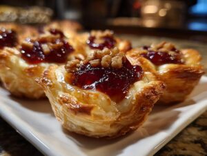 Close-up of golden, flaky pastry cups filled with melted brie, topped with dark red jam and chopped walnuts, known as brie bites.