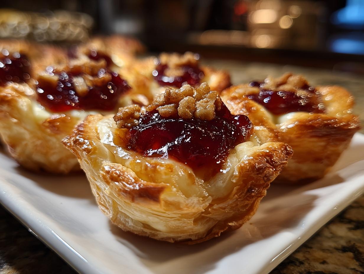 Close-up of golden, flaky pastry cups filled with melted brie, topped with dark red jam and chopped walnuts, known as brie bites.