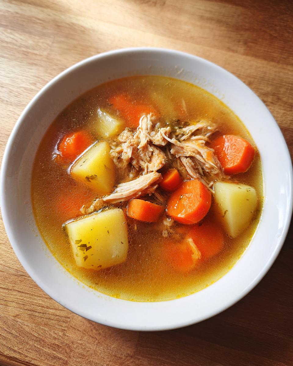 A close-up of a white bowl filled with rich broth chicken vegetable soup, featuring shredded chicken, large carrot chunks, and potato pieces.