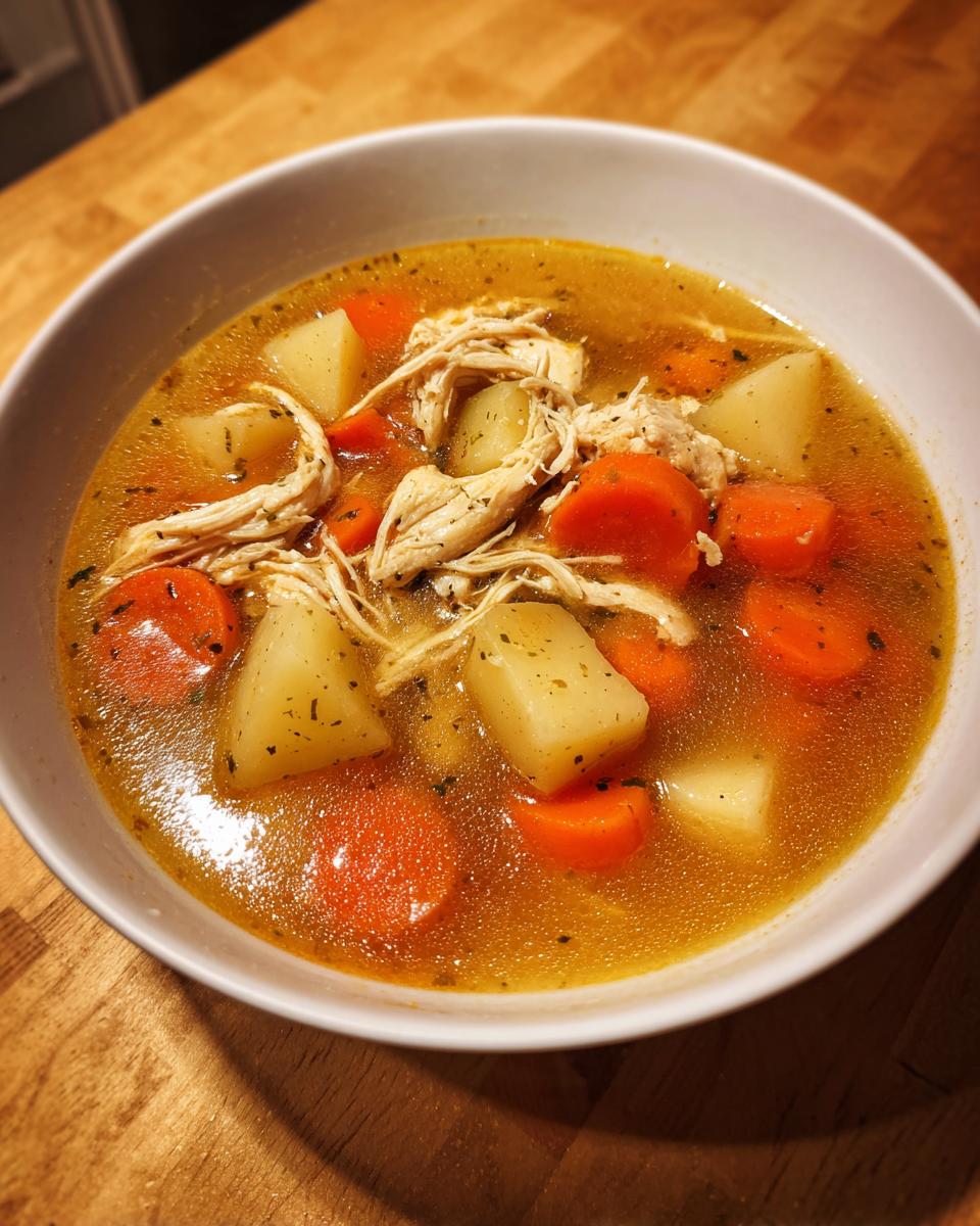 Close-up of a bowl of hot chicken vegetable soup featuring shredded chicken, carrots, and potatoes in a savory broth.