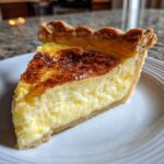 A close-up of a thick slice of amazing custard pie with a golden-brown top, served on a white plate.