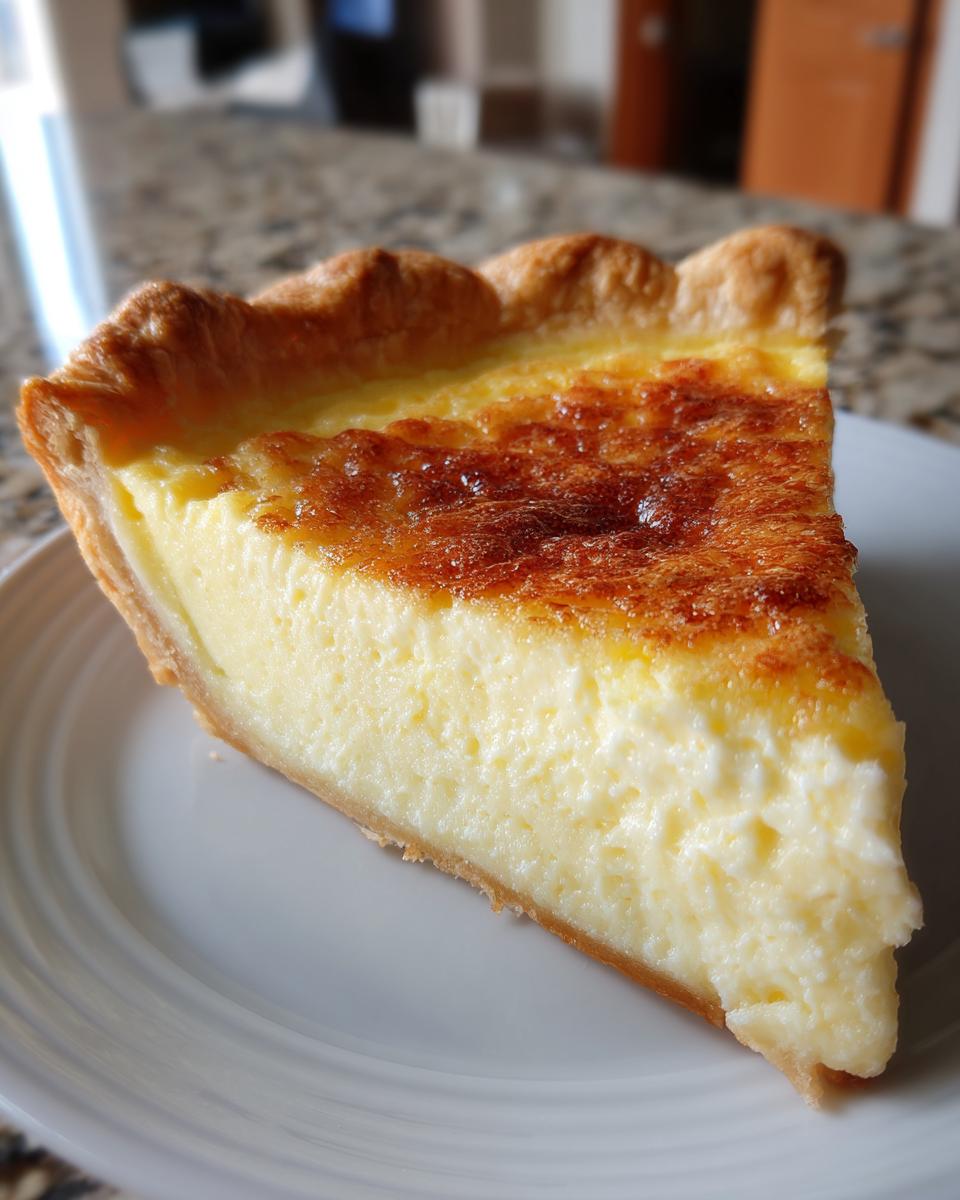 A close-up slice of amazing custard pie with a golden-brown, slightly caramelized top and flaky crust.