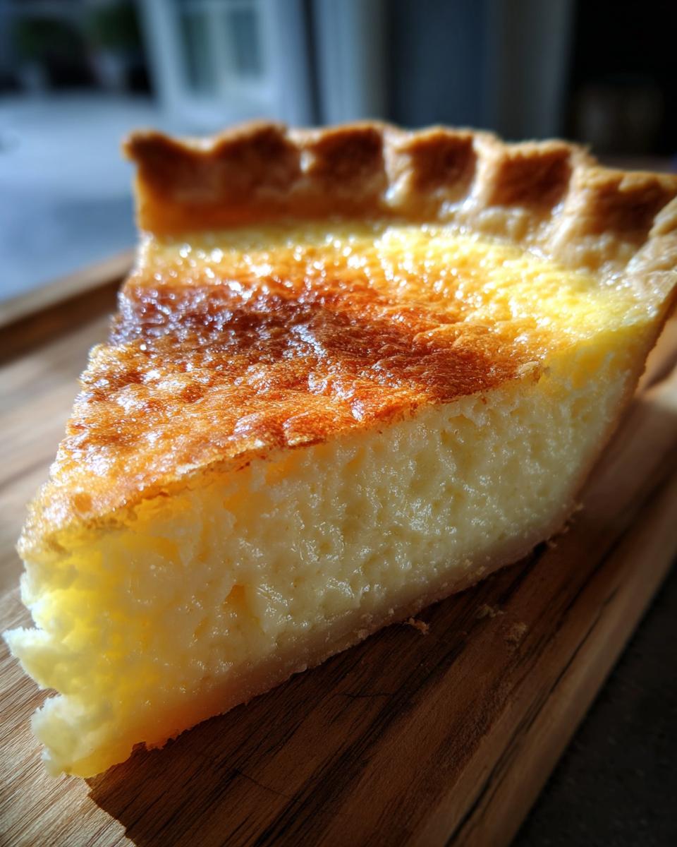 Close-up of a golden-brown slice of amazing custard pie with a creamy, light yellow filling.