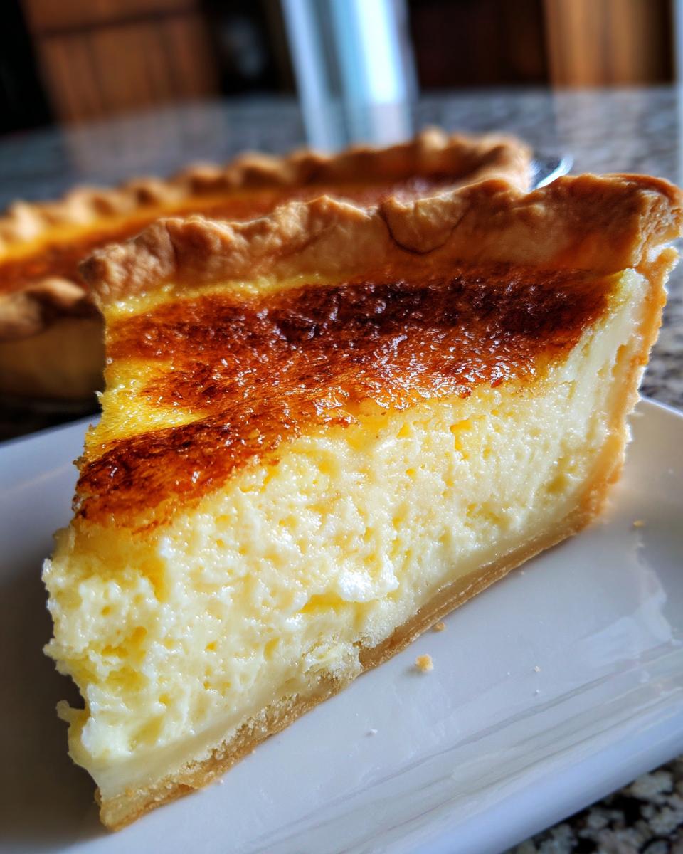A close-up slice of amazing custard pie showing the creamy filling and deeply browned top crust.
