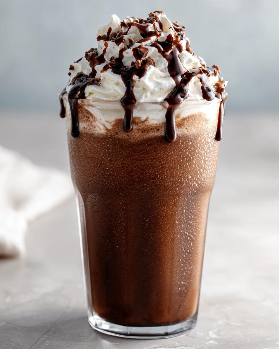 A tall glass of rich, dark frozen hot chocolate topped with whipped cream, chocolate syrup drizzle, and crumbles.