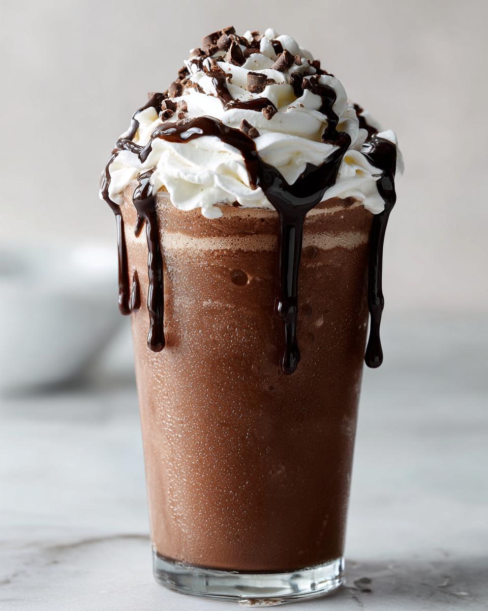 A tall glass filled with rich, blended frozen hot chocolate topped with whipped cream and chocolate syrup.