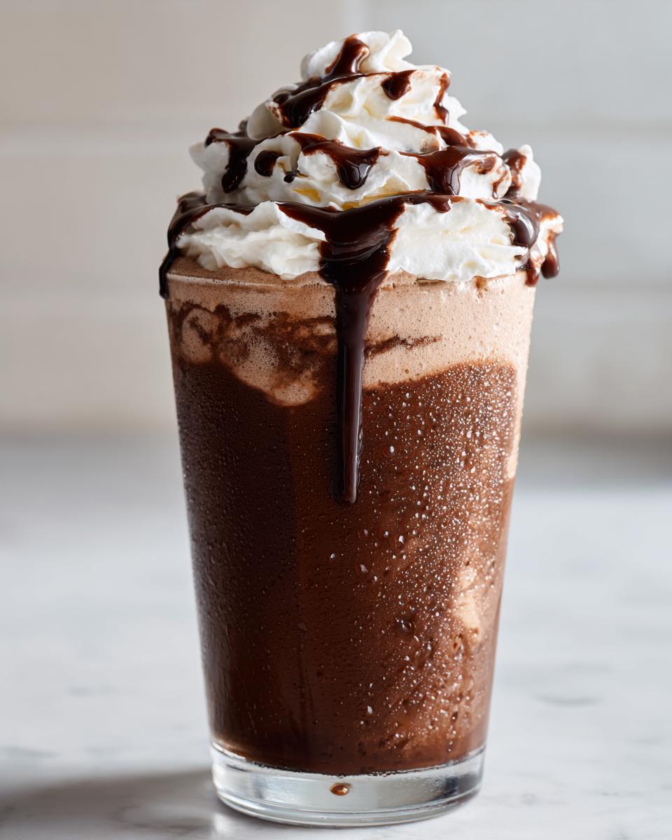 A tall glass of rich, blended frozen hot chocolate topped with whipped cream and chocolate syrup.
