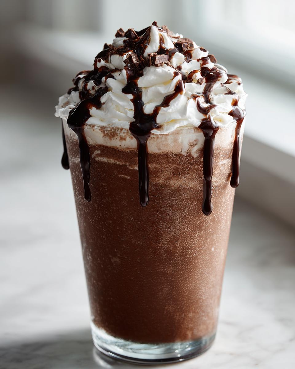 A tall glass of rich, blended frozen hot chocolate topped with whipped cream, chocolate syrup, and shavings.