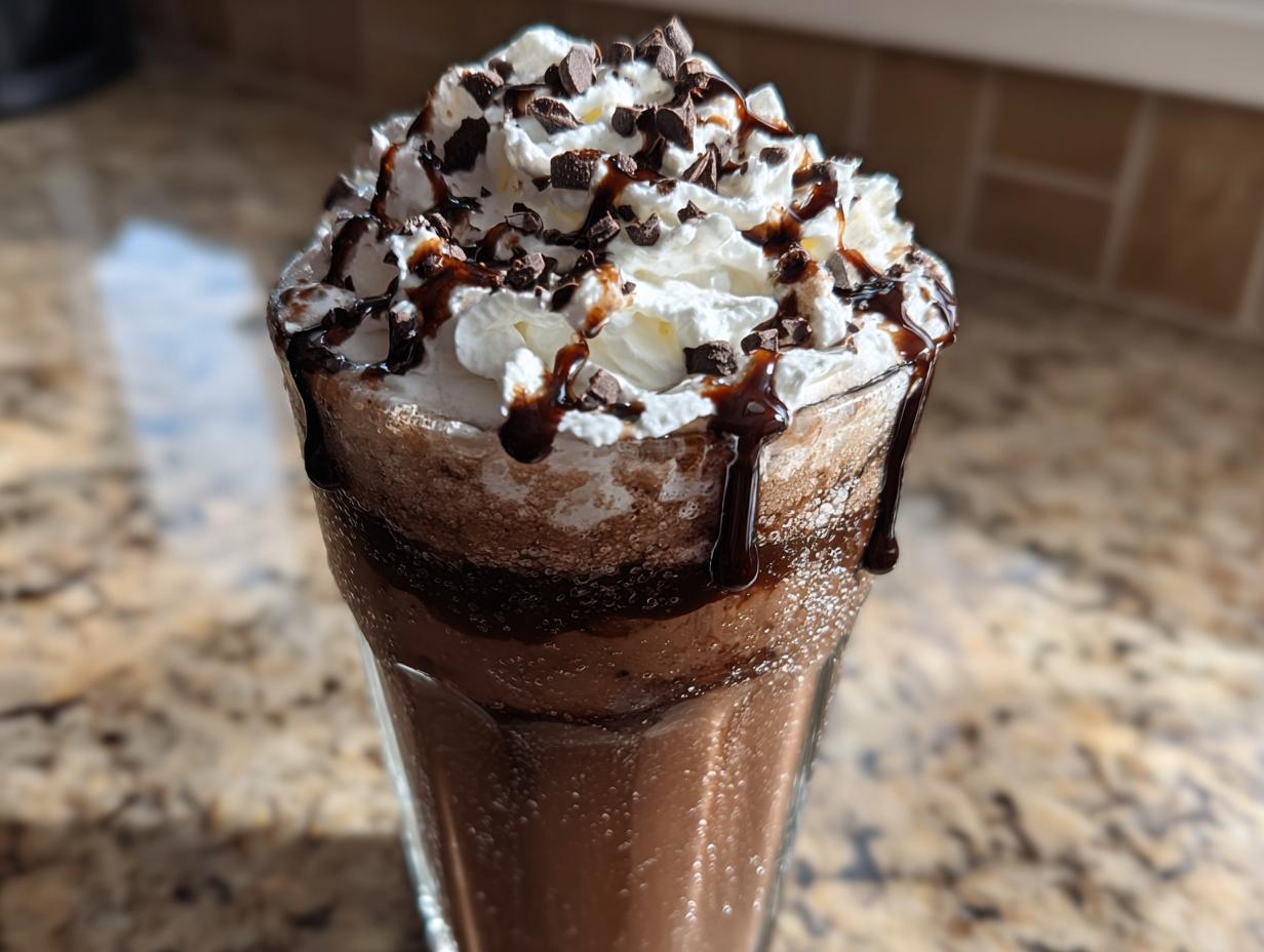 Close-up of a tall glass of rich frozen hot chocolate topped with whipped cream, chocolate syrup, and shavings.