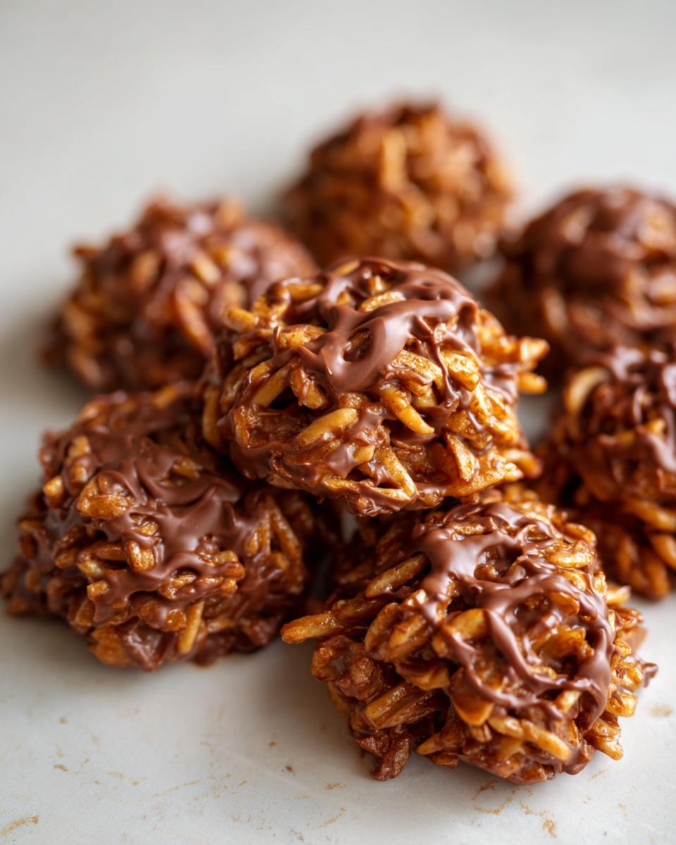 A pile of freshly made haystack cookies, featuring crispy chow mein noodles coated in chocolate and drizzled with melted milk chocolate.