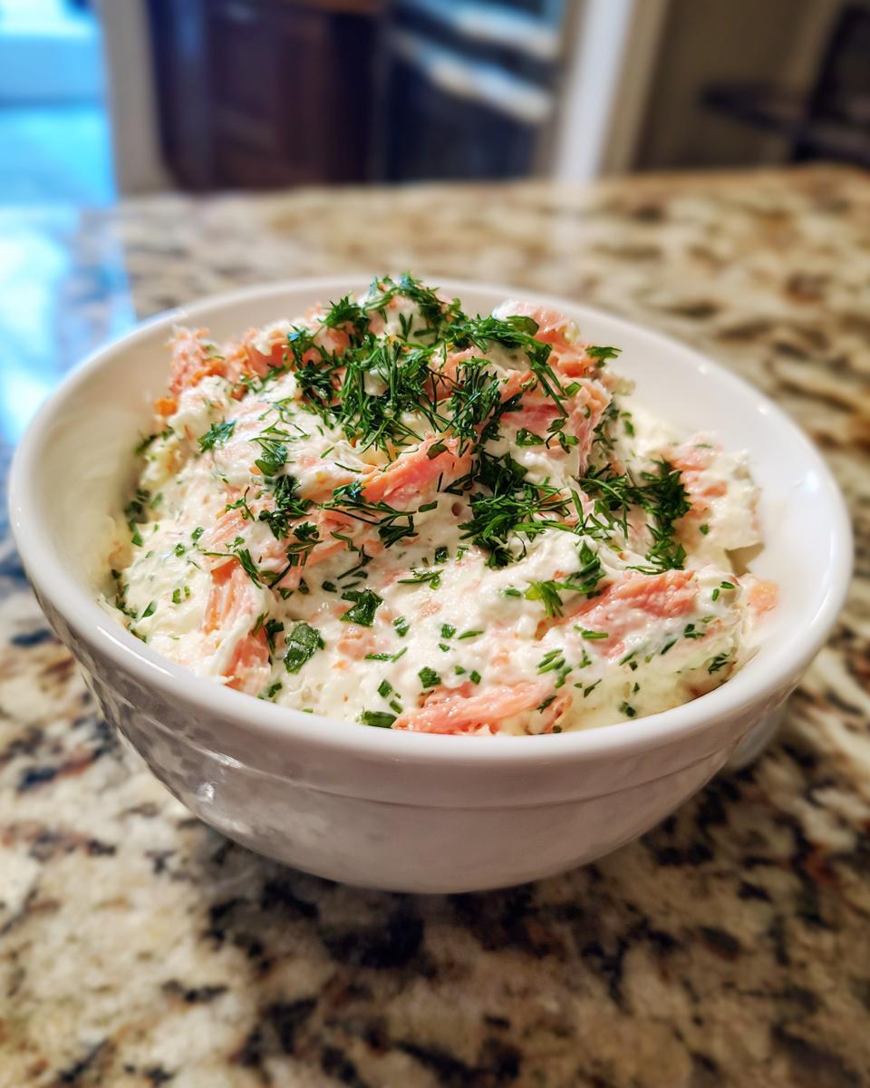 A white bowl filled with creamy salmon dip, topped generously with fresh dill and parsley.