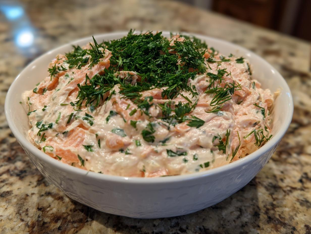 A white bowl filled with creamy, pink salmon dip generously topped with fresh dill.