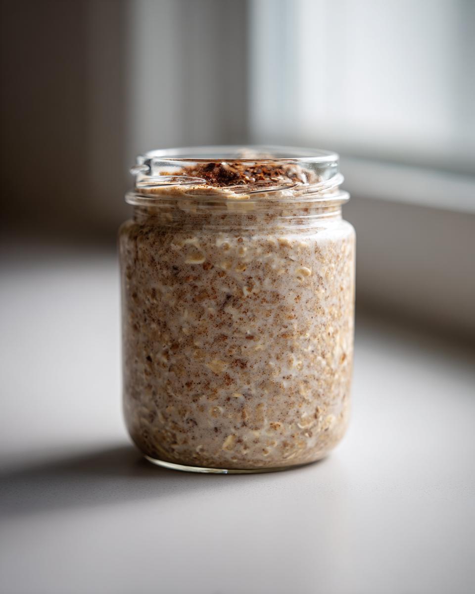 A glass jar filled with creamy apple cinnamon overnight oats, topped with a sprinkle of cinnamon.