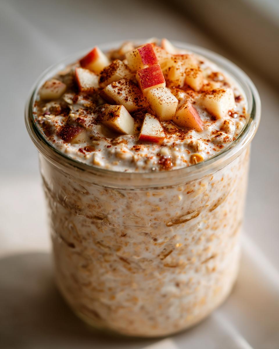 Close-up of apple cinnamon overnight oats in a glass jar, topped with diced red-skinned apples and cinnamon spice.