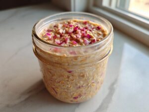 Close-up of apple cinnamon overnight oats in a glass jar, topped with diced red apple and cinnamon.