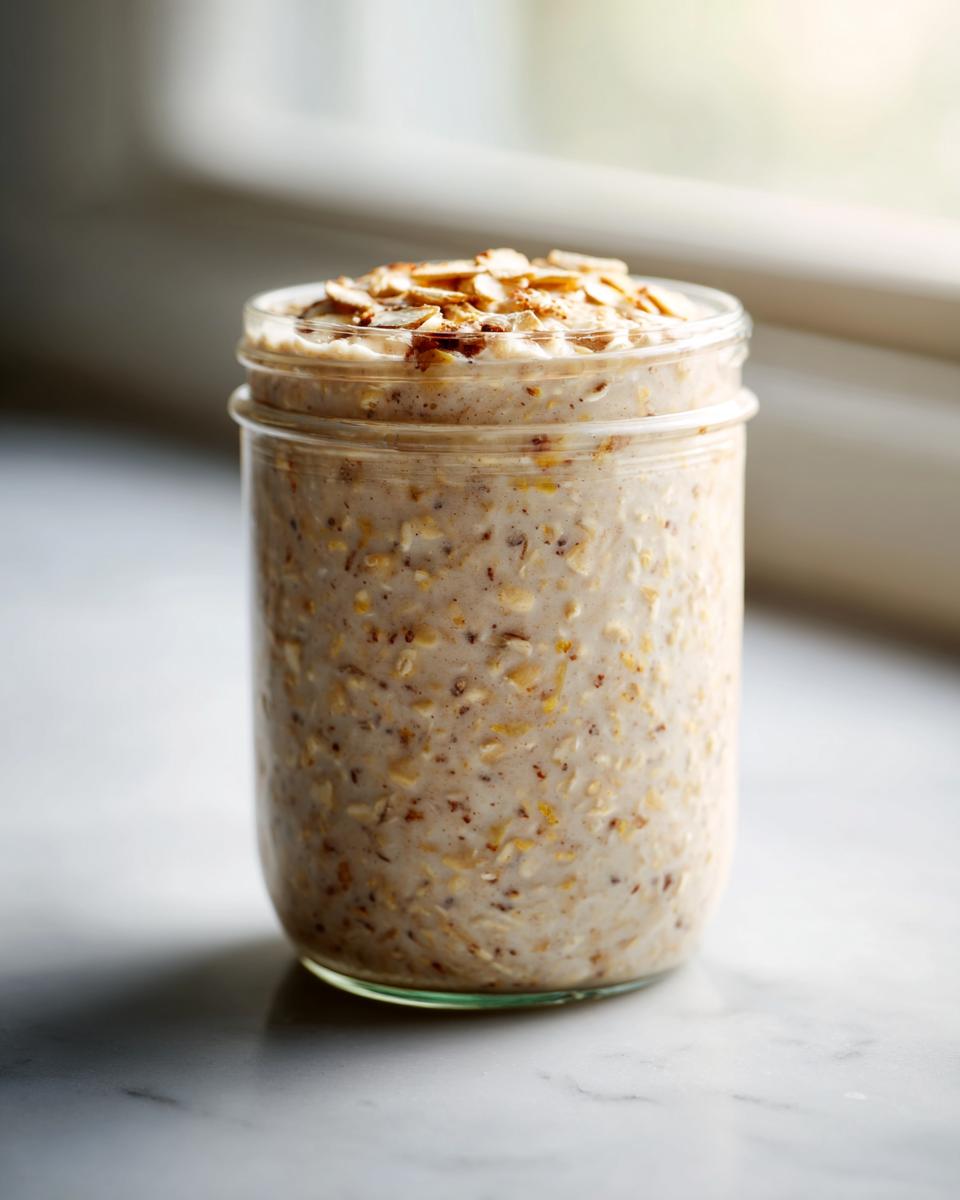 A glass jar filled with creamy apple cinnamon overnight oats, topped with sliced almonds.