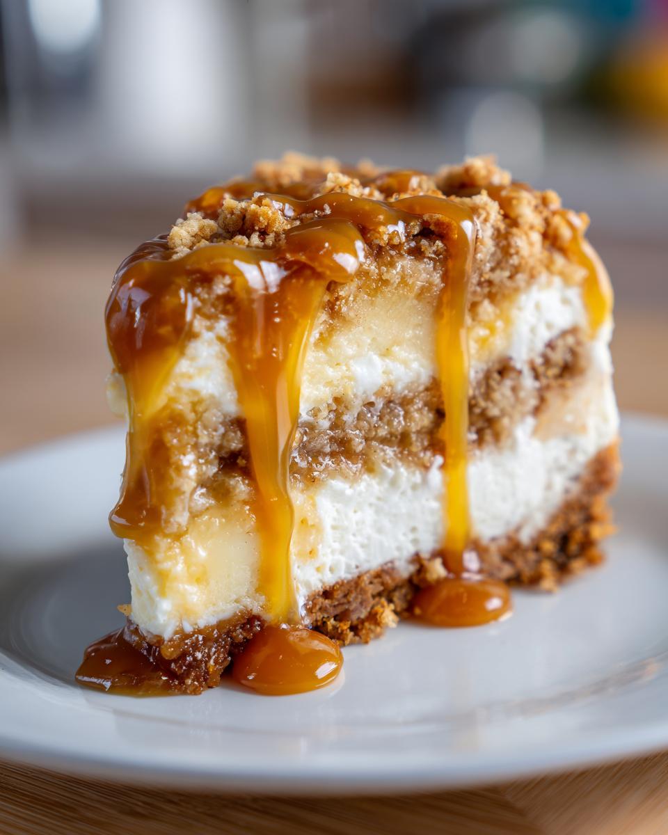 A thick slice of apple pie cheesecake topped with crumble and dripping with rich caramel sauce.