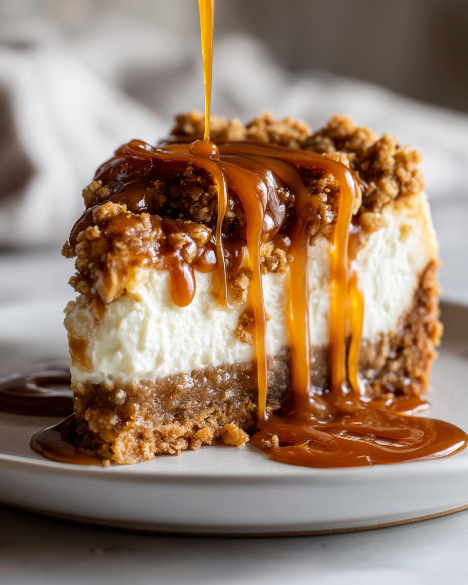 A rich slice of apple pie cheesecake topped with crumble and being drenched in caramel sauce.
