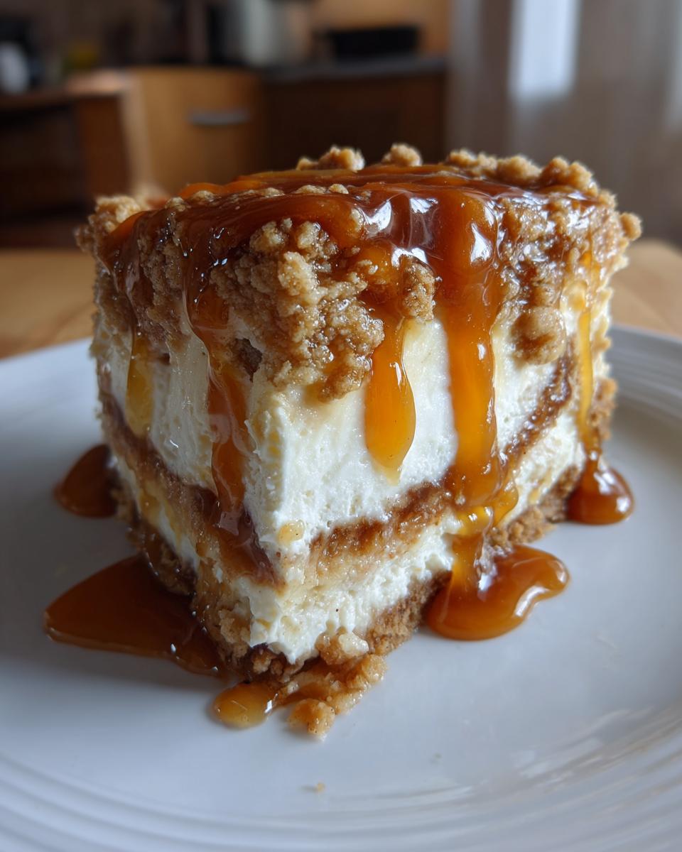 A slice of layered apple pie cheesecake topped with crumb topping and dripping with caramel sauce.