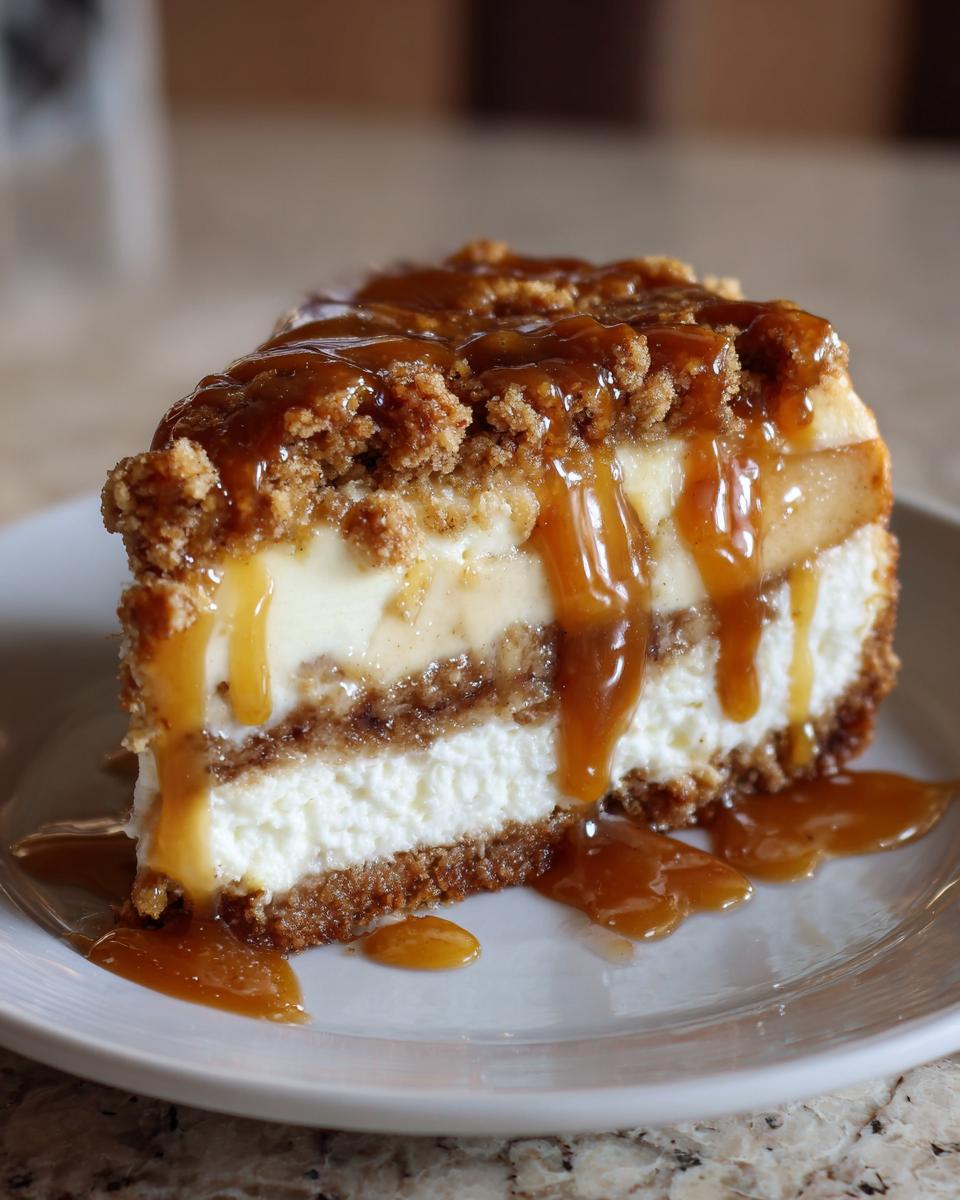 A rich slice of apple pie cheesecake topped with crumble and dripping with caramel sauce.