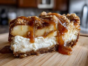 A decadent slice of apple pie cheesecake topped with baked apples, crumble, and rich caramel sauce.