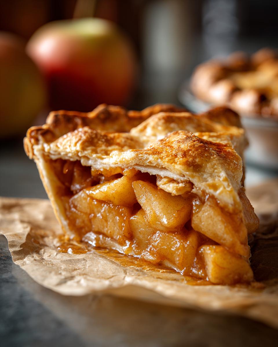 A close-up of a generous slice of homemade apple pie, showcasing tender apple filling and a golden-brown crust.