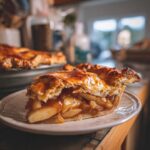 A close-up of a slice of homemade apple pie on a plate, showcasing flaky crust and tender apple filling.
