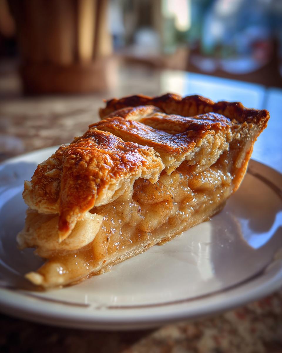 Close-up of a golden brown slice of apple pie with a flaky crust and visible apple filling.