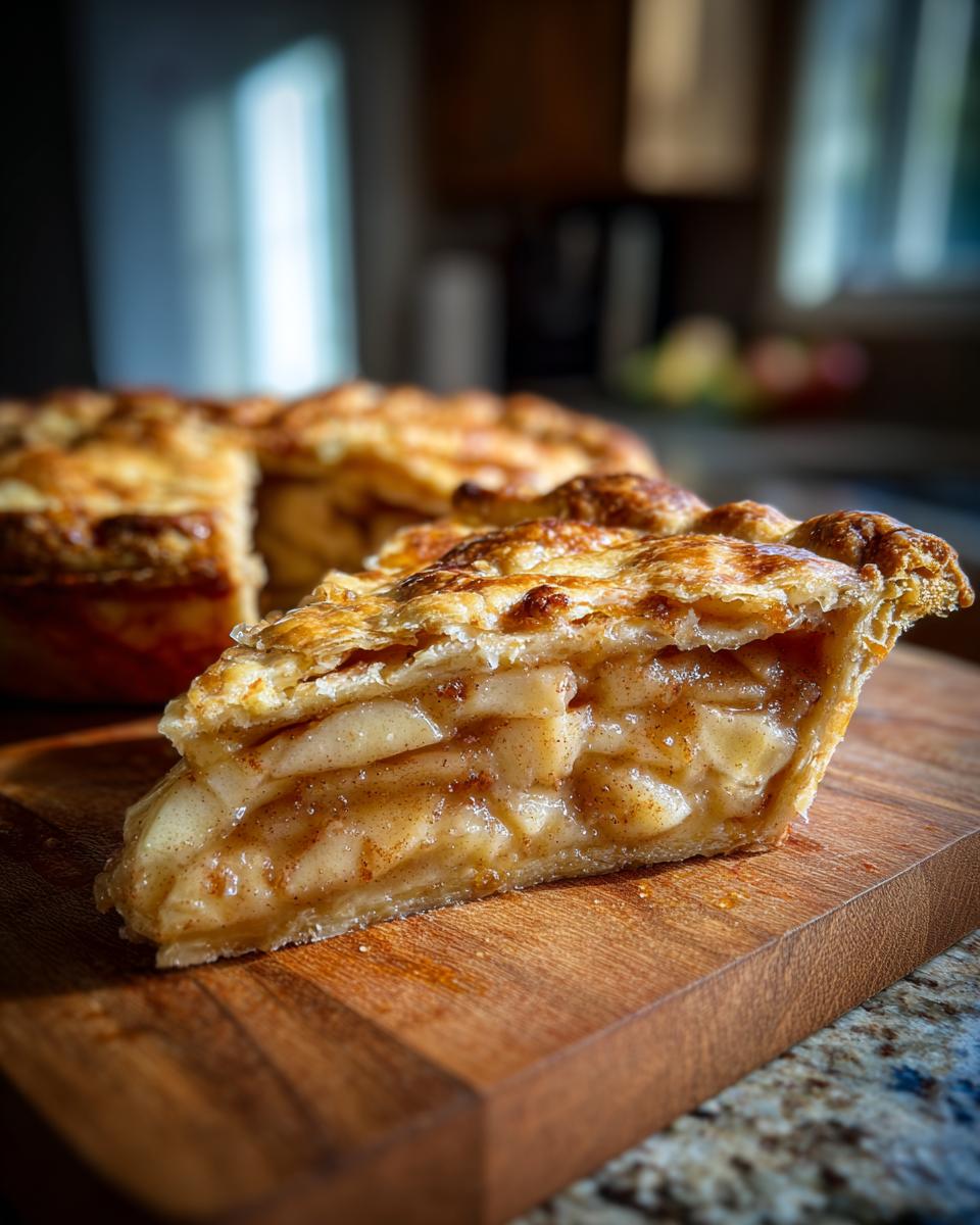 A close-up of a slice of homemade apple pie, showcasing a flaky golden crust and generous apple filling with cinnamon.