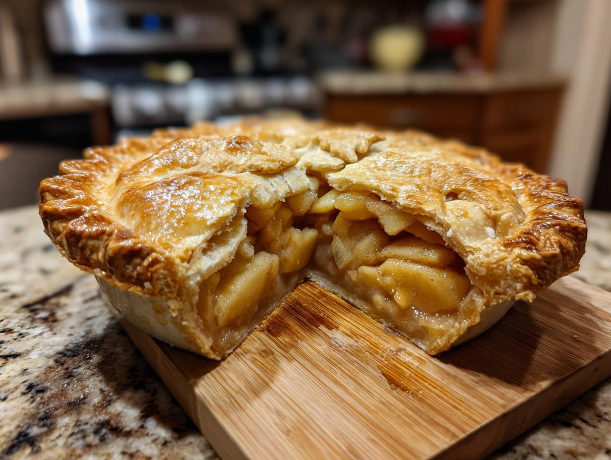 A close-up of a slice of homemade apple pie, showcasing a golden, flaky crust and a generous filling of tender apples.