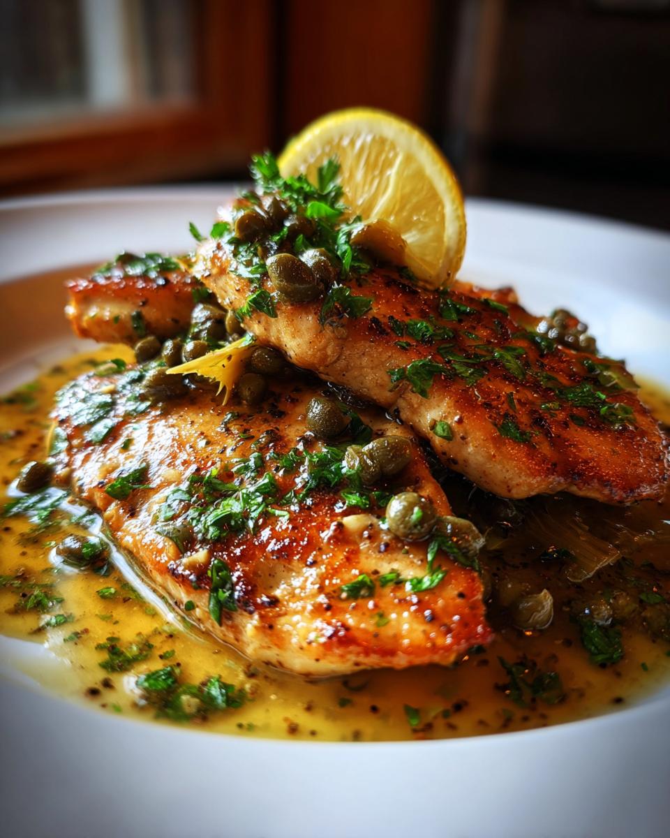 Close-up of Artichoke Chicken Piccata, featuring pan-seared chicken breasts in a lemon-caper sauce, garnished with parsley and a lemon slice.