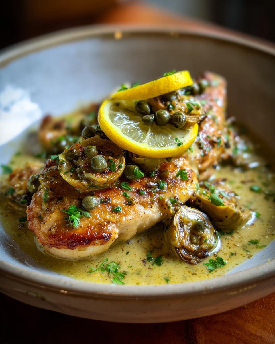 A close-up of Artichoke Chicken Piccata, featuring tender chicken breasts in a lemon-caper sauce, garnished with artichoke hearts, lemon slices, and parsley.