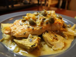 A close-up of delicious Artichoke Chicken Piccata, featuring a golden-brown chicken breast topped with capers and artichoke hearts in a lemon-butter sauce.