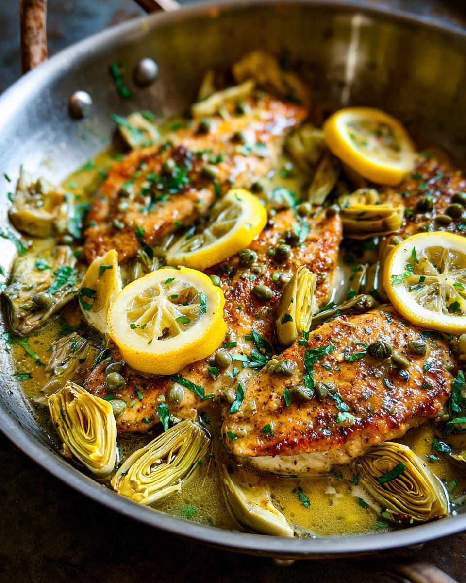 Close-up of Artichoke Chicken Piccata in a skillet with lemon slices, capers, and parsley.