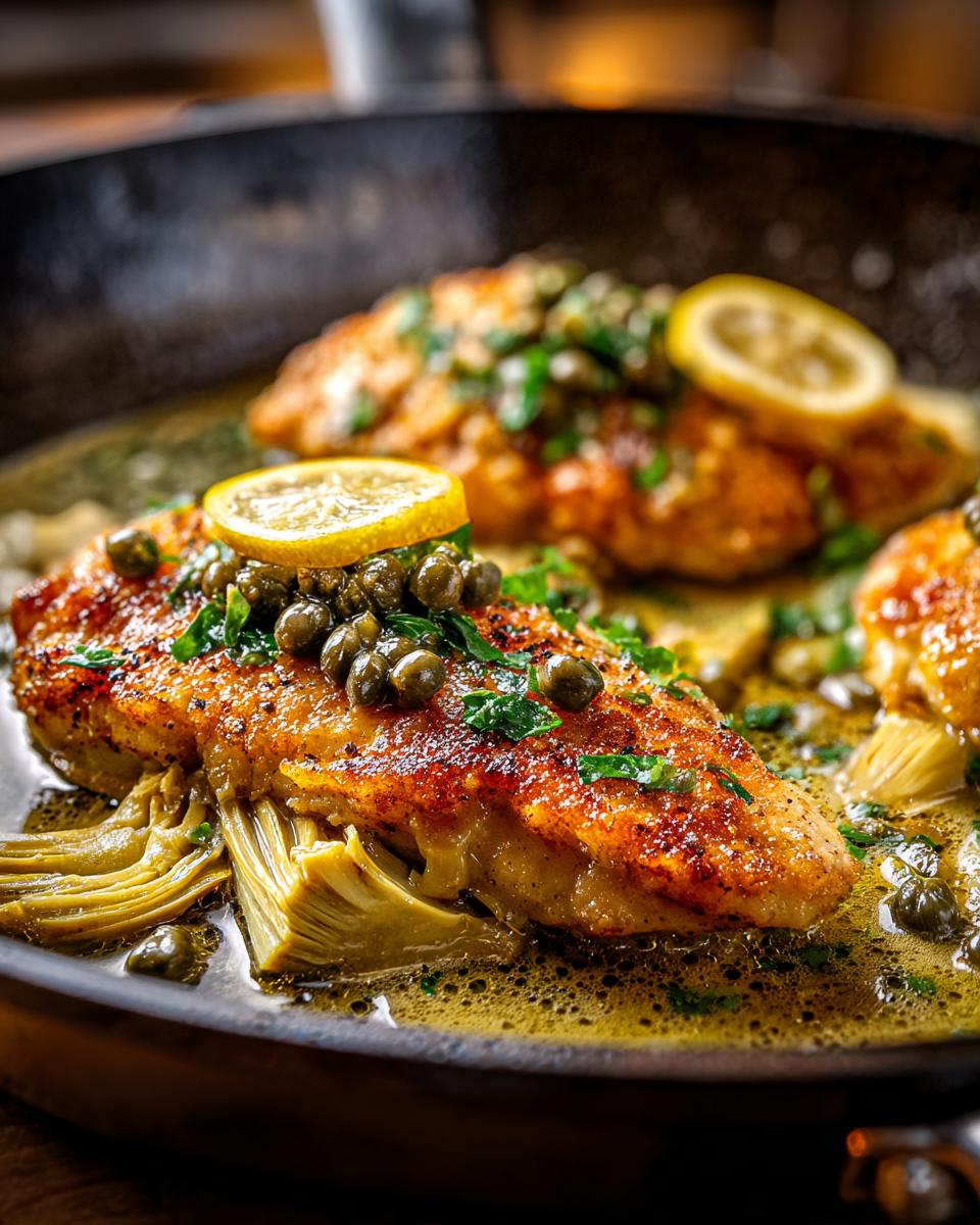 Close-up of Artichoke Chicken Piccata in a skillet, topped with lemon slices and capers.