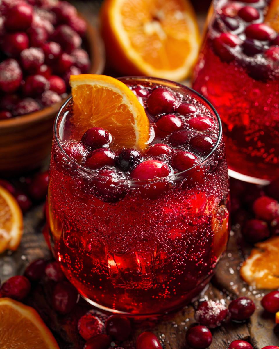 A close-up of a glass filled with sparkling autumn punch, garnished with fresh cranberries and an orange slice.