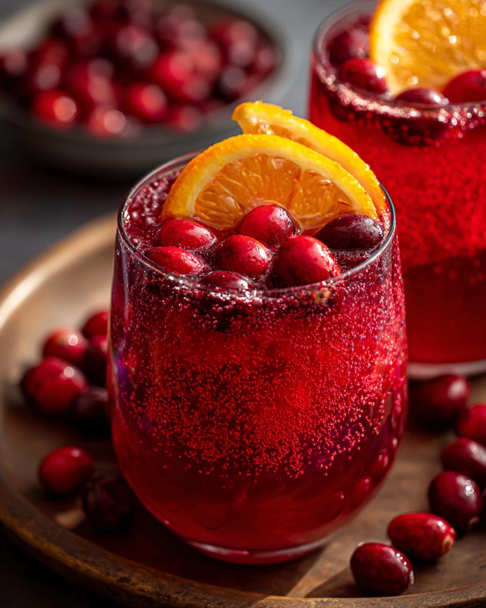 A close-up of a glass filled with vibrant red autumn punch, garnished with fresh cranberries and orange slices, with bubbles visible.