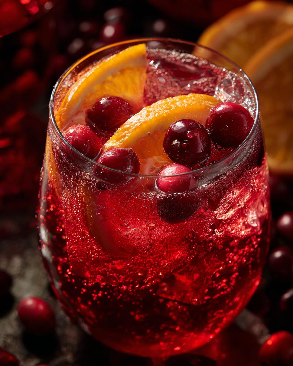 A close-up of a glass filled with vibrant red autumn punch, garnished with fresh cranberries and orange slices.