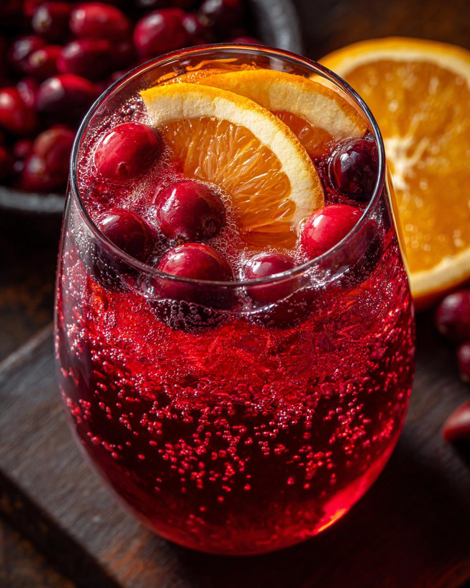 A close-up of a glass filled with bubbly red autumn punch, garnished with fresh cranberries and orange slices.
