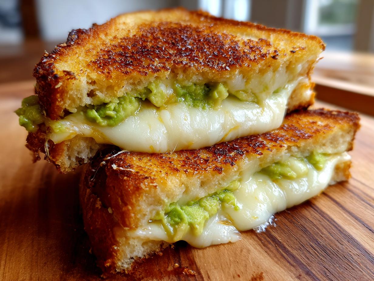 Close-up of a perfectly grilled avocado mozzarella grilled cheese sandwich, oozing with melted cheese.