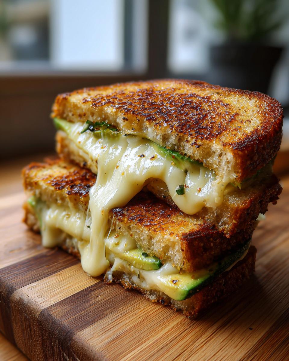Close-up of a stacked avocado mozzarella grilled cheese sandwich with gooey melted cheese dripping down.