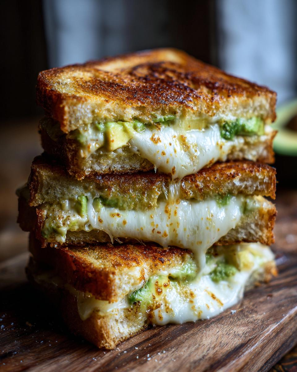 A stack of three halves of avocado mozzarella grilled cheese sandwiches, showcasing melted cheese and avocado.