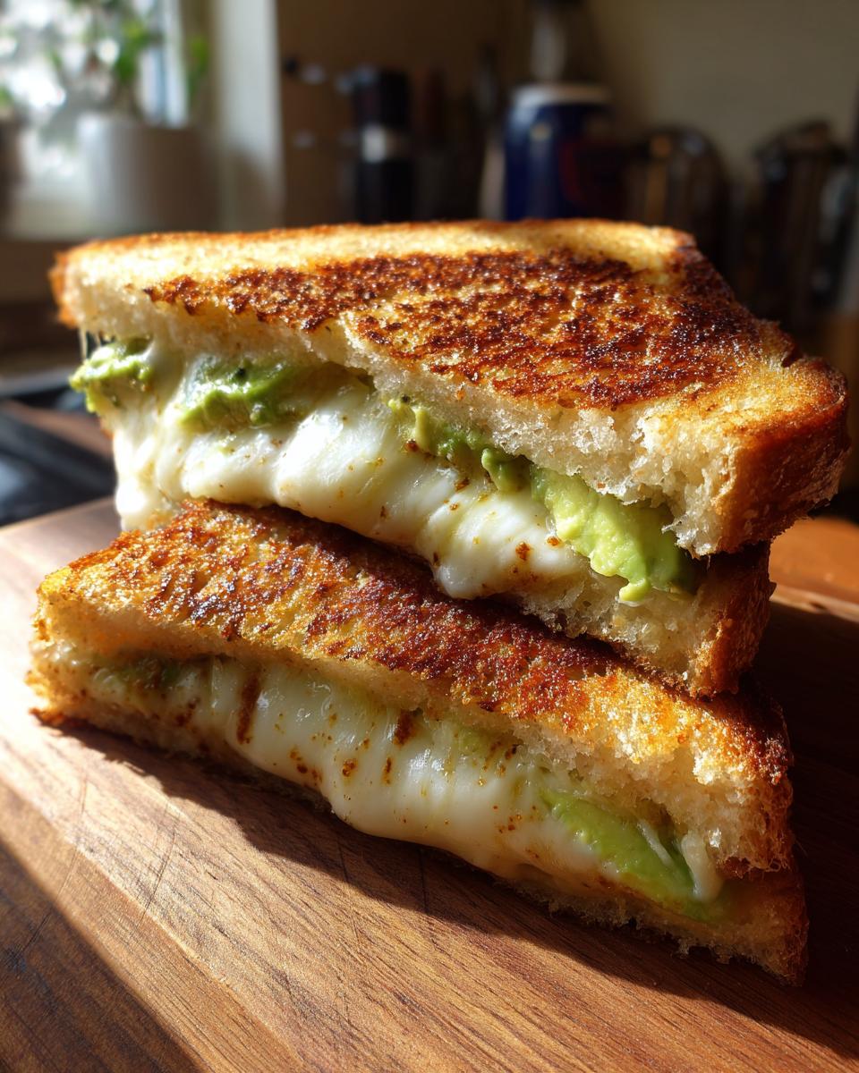 A stack of two halves of an avocado mozzarella grilled cheese sandwich, showing gooey melted cheese and green avocado slices.